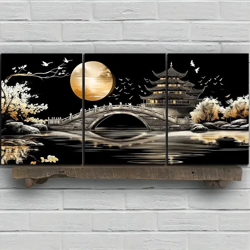 3pcs Arch Bridge Moon Pagoda & Cranes Metal Print Ready to Hang Art