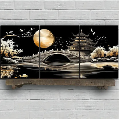 3pcs Arch Bridge Moon Pagoda & Cranes Metal Print Ready to Hang Art