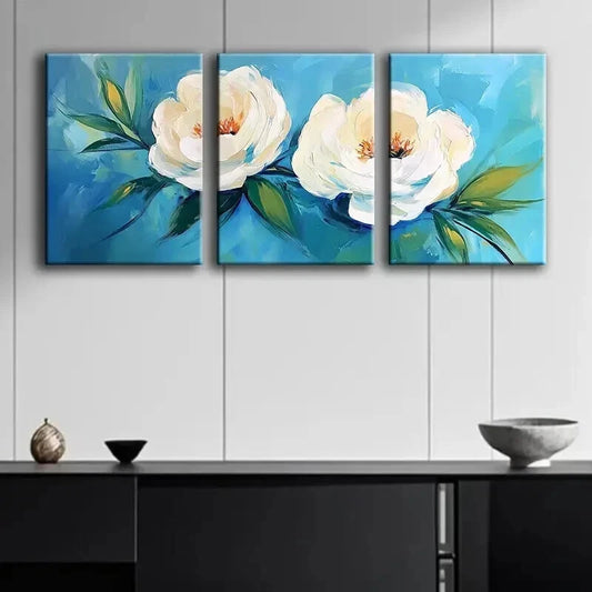 3pcs White Flowers with Blue Leaves Floral Décor Wall Art Set Canvas Framed 60x90cm - High Quality Print 100% Australian Made Wall Canvas Ready to Hang