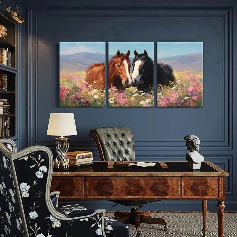 3pcs Horses in Bloom Floral Meadow Landscape Metal Print Ready to Hang Art