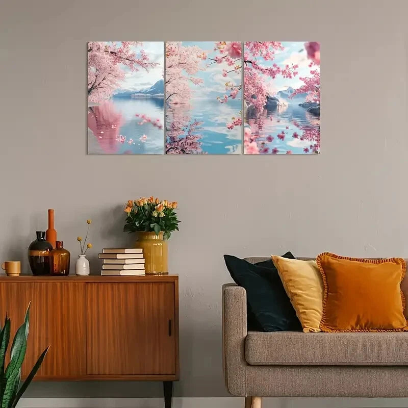 3pcs Combination of Cherry Blossoms And Lake Water Metal Print Ready to Hang Art