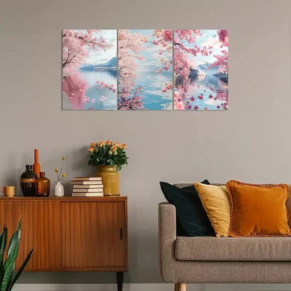3pcs Combination of Cherry Blossoms And Lake Water Metal Print Ready to Hang Art