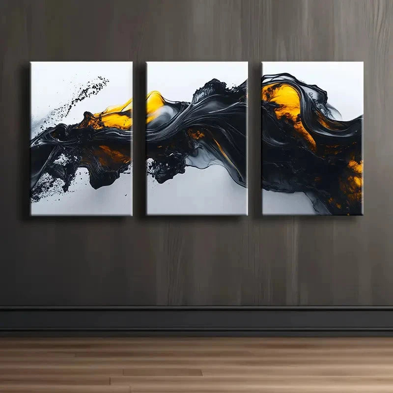 3pcs Black And Yellow Liquid Abstract Wall Art Set Canvas Framed 40x60cm - High Quality Print 100% Australian Made Wall Canvas Ready to Hang