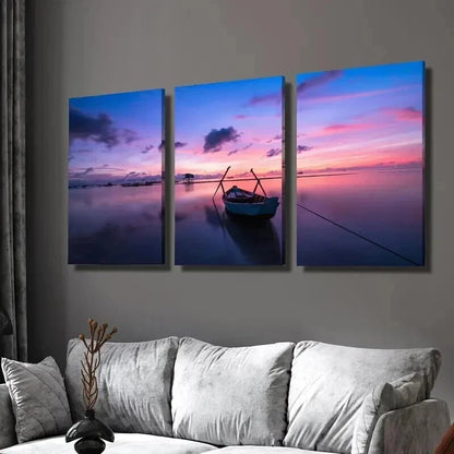 3pcs Ocean Environment Purple Sunset & Boat Wall Art Set Canvas Framed 40x60cm - High Quality Print 100% Australian Made Wall Canvas Ready to Hang