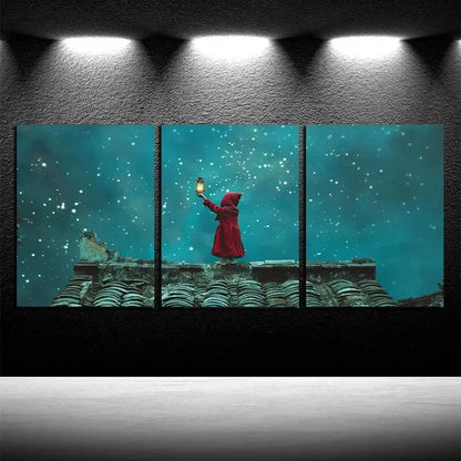 3pcs Fantasy Landscape with Tiny Elves and Lantern Metal Print Ready to Hang Art