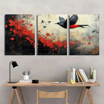 3pcs Black White And Red Birds Abstract Perfect Wall Art Set Canvas Framed 40x60cm - High Quality Print 100% Australian Made Wall Canvas Ready to Hang