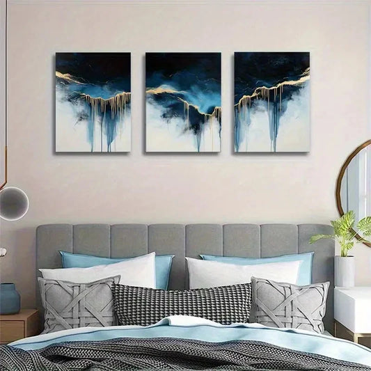 3pcs Abstract Blue and Golden Oil Painting Metal Print Ready to Hang Art