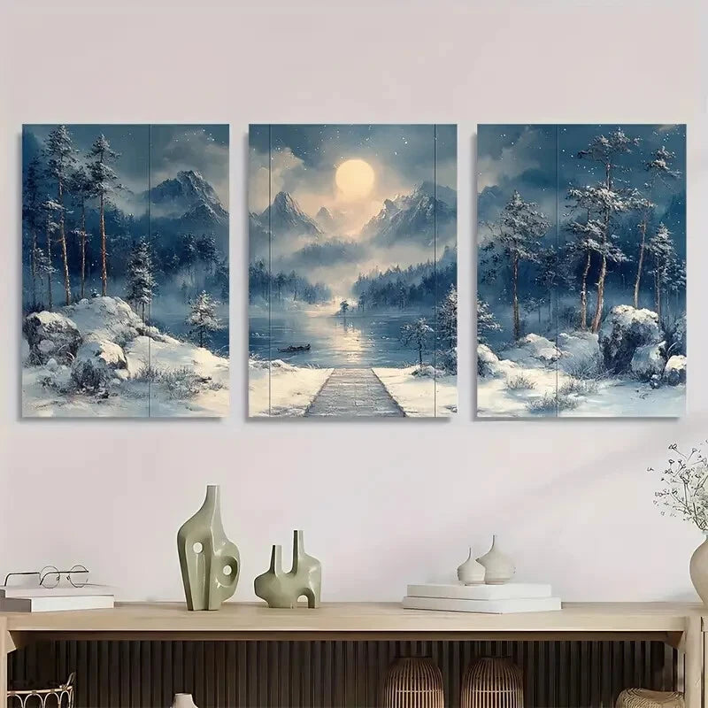 3pcs Blue Winter Animal Wolf Full Moon Metal Print Ready to Hang Art