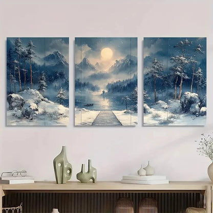 3pcs Blue Winter Animal Wolf Full Moon Metal Print Ready to Hang Art