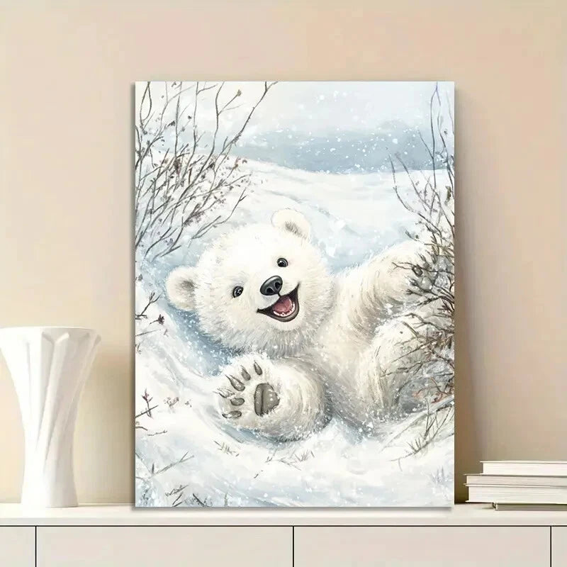 Cute Little Polar Bear Cub Rolling Around in The Snow 40x60cm Metal Print Ready to Hang