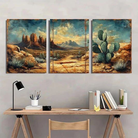 3pcs Dark Prickly Pear Cactus Desert Painting Metal Print Ready to Hang Art