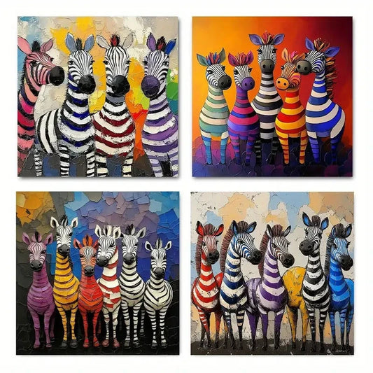 4pcs Vintage Abstract Colorful Zebra Wall Art Canvas Framed