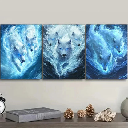 3pcs Stunning Blue Eyes White Wolves Running Metal Print Ready to Hang Art