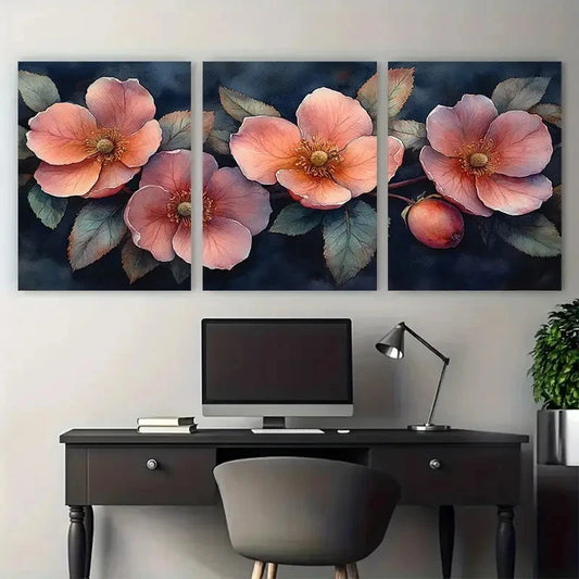 3pcs Rose Hip Floral Watercolour Modern Design Metal Print Ready to Hang Art