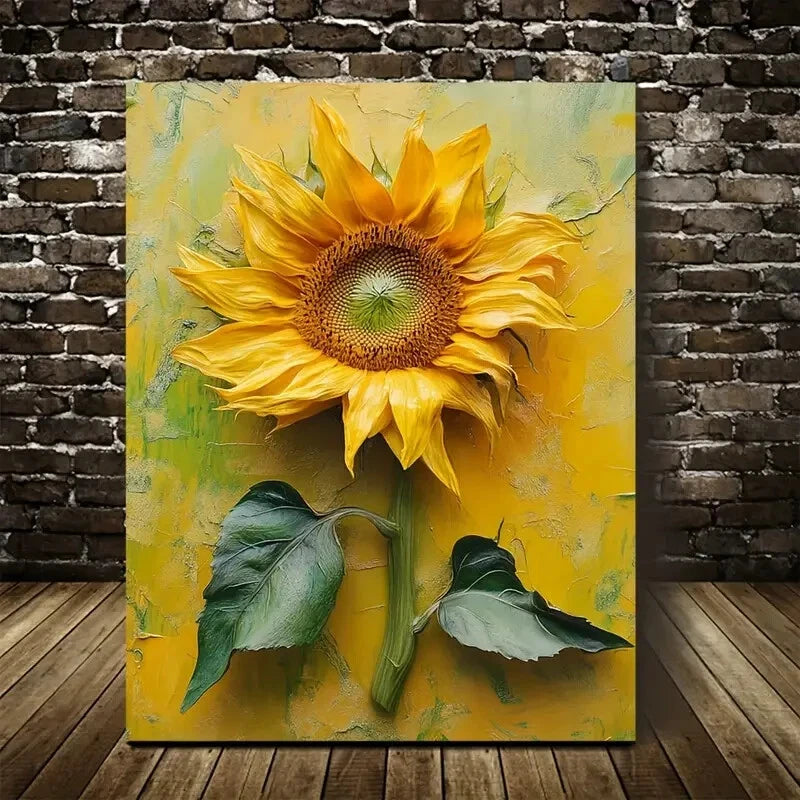 Vibrant Yellow Petals & Green Leaves Painting 40x60cm Metal Print Ready to Hang