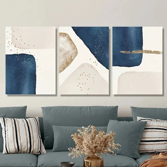 3pcs Blue and Beige Shapes with Golden Accents Metal Print Ready to Hang Art