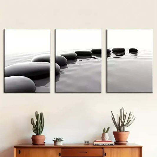 3pcs Simple Modern Black and White Stones Water Wall Art Set Canvas Framed 40x60cm - High Quality Print 100% Australian Made Wall Canvas Ready to Hang