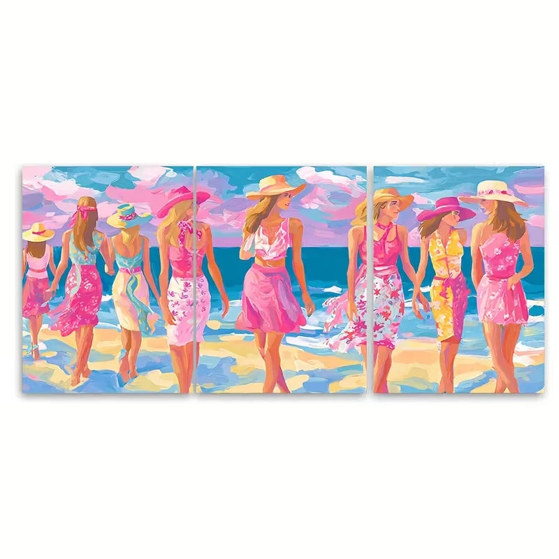 3pcs Pink Cowgirls on Beach Painting Metal Print Ready to Hang Art