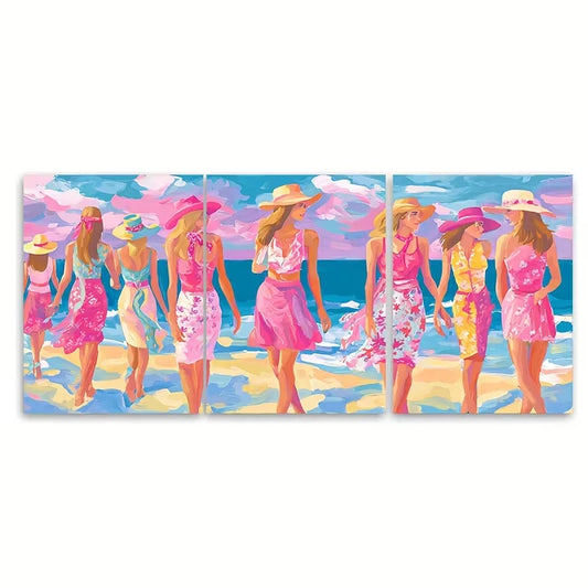 3pcs Pink Cowgirls on Beach Painting Metal Print Ready to Hang Art