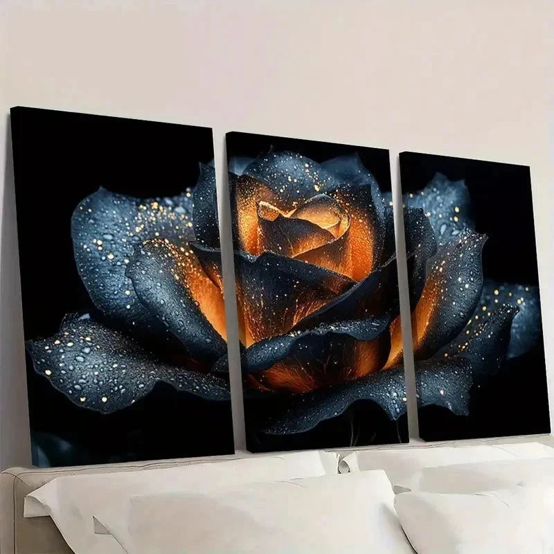 3pcs Abstract Botanical Black Golden Rose i Wall Art Set Canvas Framed 60x90cm - High Quality Print 100% Australian Made Wall Canvas Ready to Hang