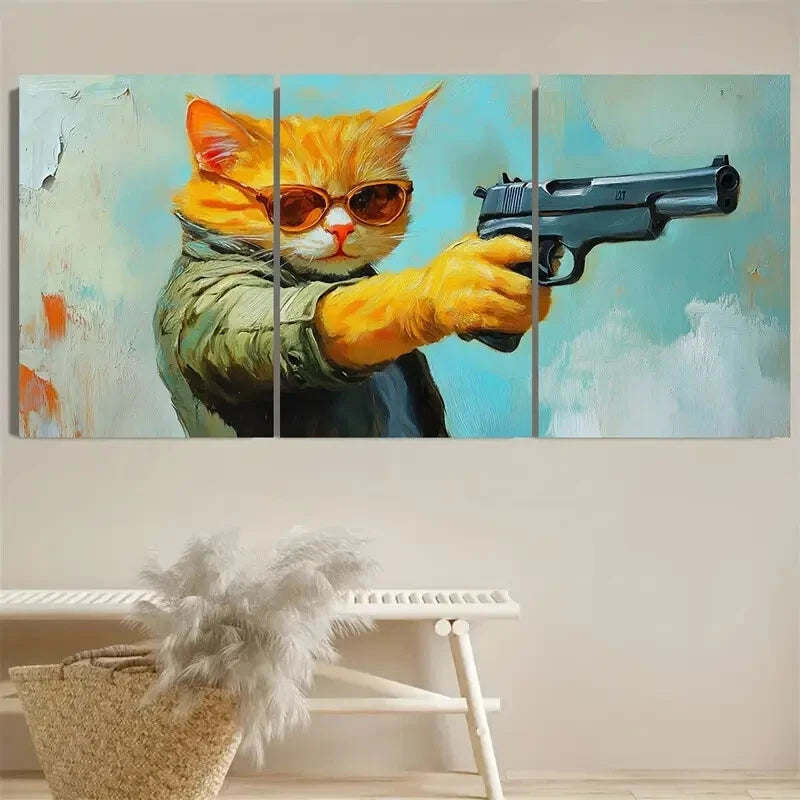 3pcs Vibrant Cool Yellow Cat with Gun Illustration Metal Print Ready to Hang Art