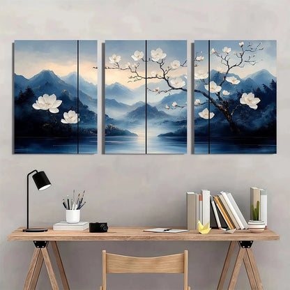 Set of four paintings with floral and mountain scenery above a desk.