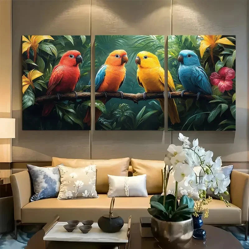 3pcs Vibrant Tropical Birds in Jungle Metal Print Ready to Hang Art