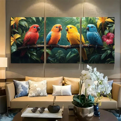 3pcs Vibrant Tropical Birds in Jungle Metal Print Ready to Hang Art