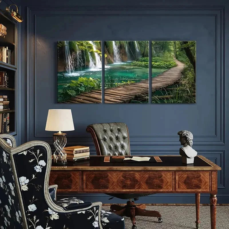 3pcs Waterfall Pond Wooden Pathway Metal Print Ready to Hang Art