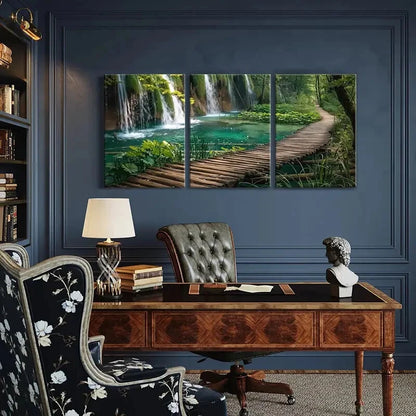 3pcs Waterfall Pond Wooden Pathway Metal Print Ready to Hang Art