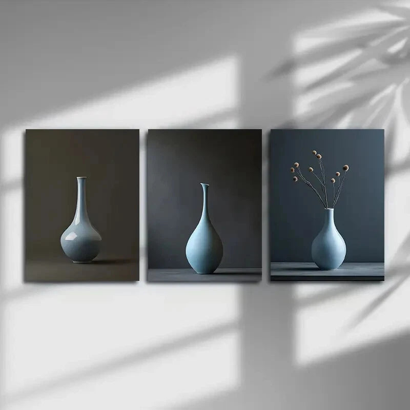 3pcs Vase Abstract Light Blue Metal Print Ready to Hang Art