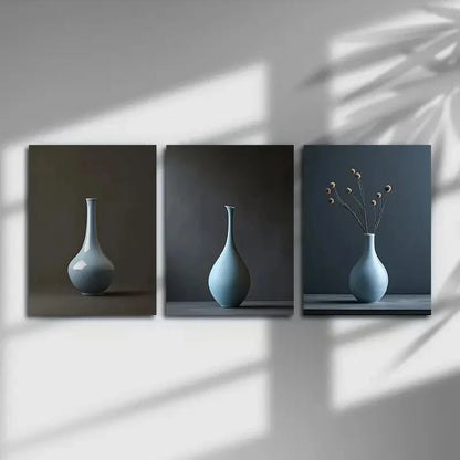 3pcs Vase Abstract Light Blue Metal Print Ready to Hang Art