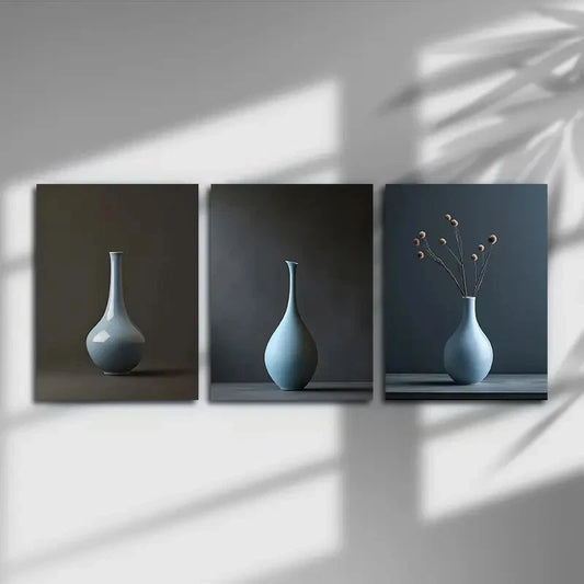3pcs Vase Abstract Light Blue Metal Print Ready to Hang Art