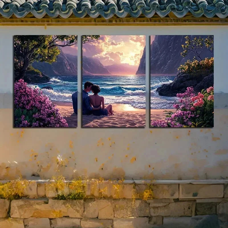 3pcs Couple on Beach Seaside Romance Theme Metal Print Ready to Hang Art