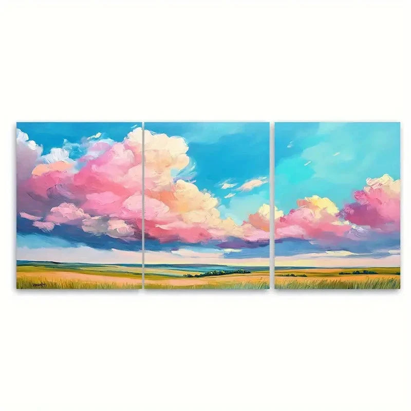 3pcs Vibrant Pink Clouds Landscape Blue Sky Wall Art Set Canvas Framed 50x70cm - High Quality Print 100% Australian Made Wall Canvas Ready to Hang