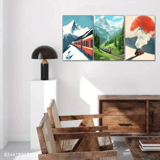3pcs Train and Mountains Beautiful Scenery Metal Print Ready to Hang Art