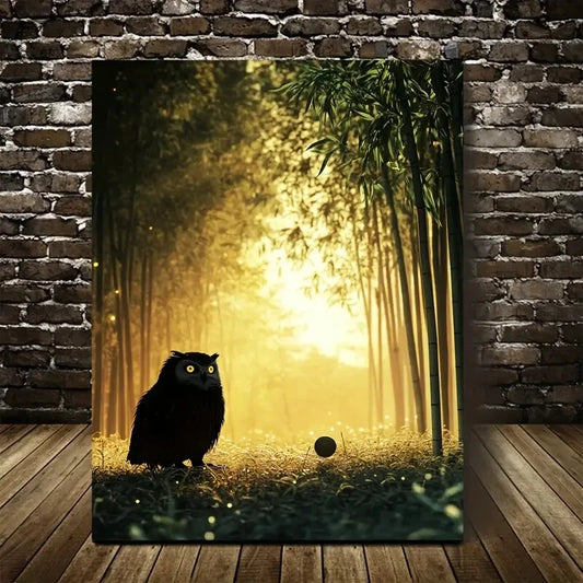 Beautiful Dreamlike Owl Playing with Ball Painting 40x60cm Metal Print Ready to Hang