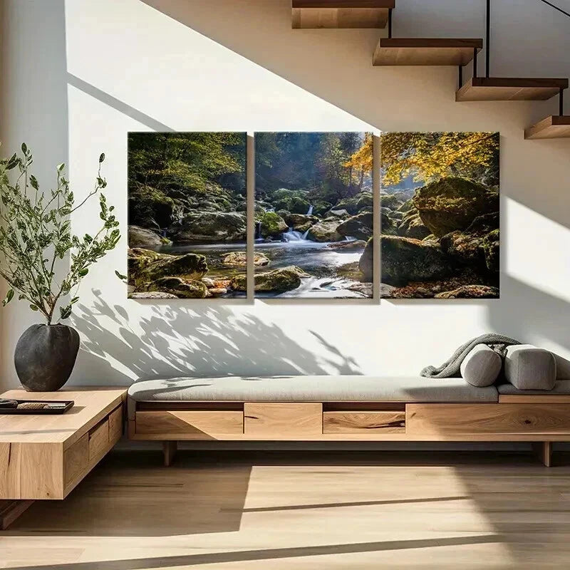 3pcs Autumn Forest River Stone Modern Wall Art Set Canvas Framed 60x90cm - High Quality Print 100% Australian Made Wall Canvas Ready to Hang