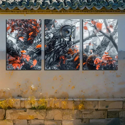 3pcs Owl on The Branch Illustration Metal Print Ready to Hang Art