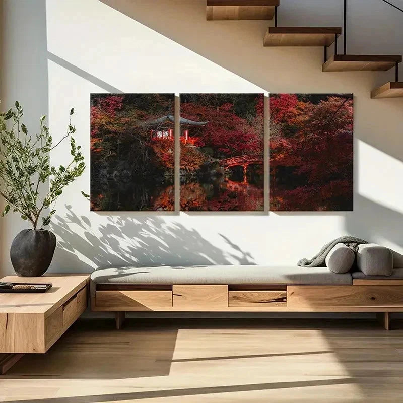 3pcs Japanese Red Maple Forest Modern Wall Art Set Canvas Framed 40x60cm - High Quality Print 100% Australian Made Wall Canvas Ready to Hang