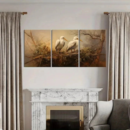 3pcs Egret Nest Tree Branches Animal Art Metal Print Ready to Hang Art