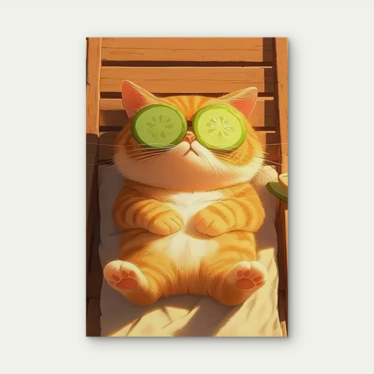 Whimsical Cat with Cucumber Slices Metal Print Ready to Hang