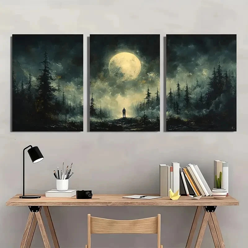 3pcs Whispering Shadows Celestial Skies Painting Metal Print Ready to Hang Art