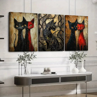3pcs Various Animals Cats Black Red Black Lines Wall Art Set Canvas Framed 50x70cm - High Quality Print 100% Australian Made Wall Canvas Ready to Hang