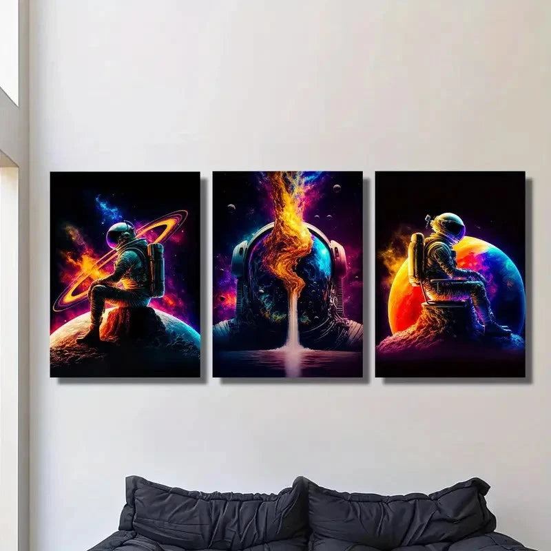 3pcs Galaxy Thinker & Colorful Space Astronaut Metal Print Ready to Hang Art
