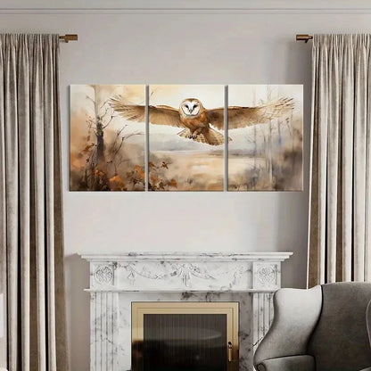 3pcs Owl Flight Watercolor Style Nature Scene Metal Print Ready to Hang Art
