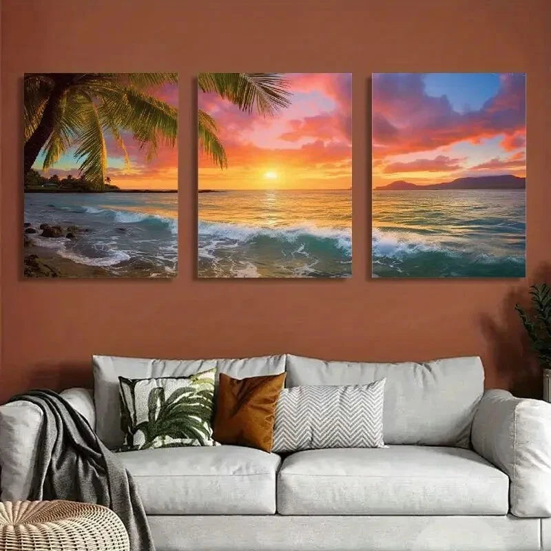 3pcs Sunset Ocean & Palm Trees Metal Print Ready to Hang Art