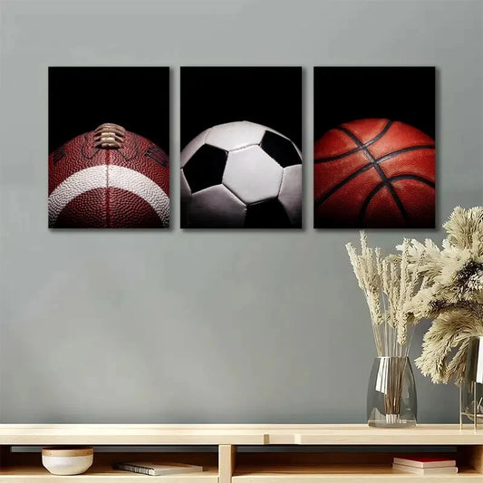 3pcs Sports Football and Basketball Metal Print Ready to Hang Art