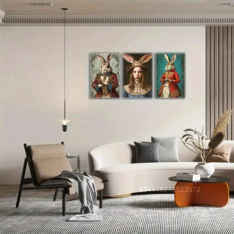 3pcs Rabbit Prints Portrait Art Posters Metal Print Ready to Hang Art
