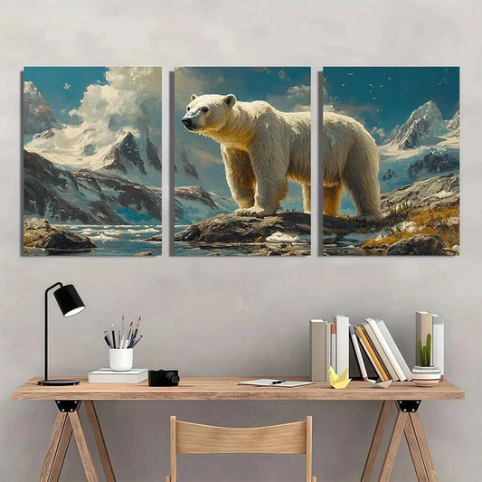 3pcs Vintage Polar Bear Snowy Mountains Metal Print Ready to Hang Art